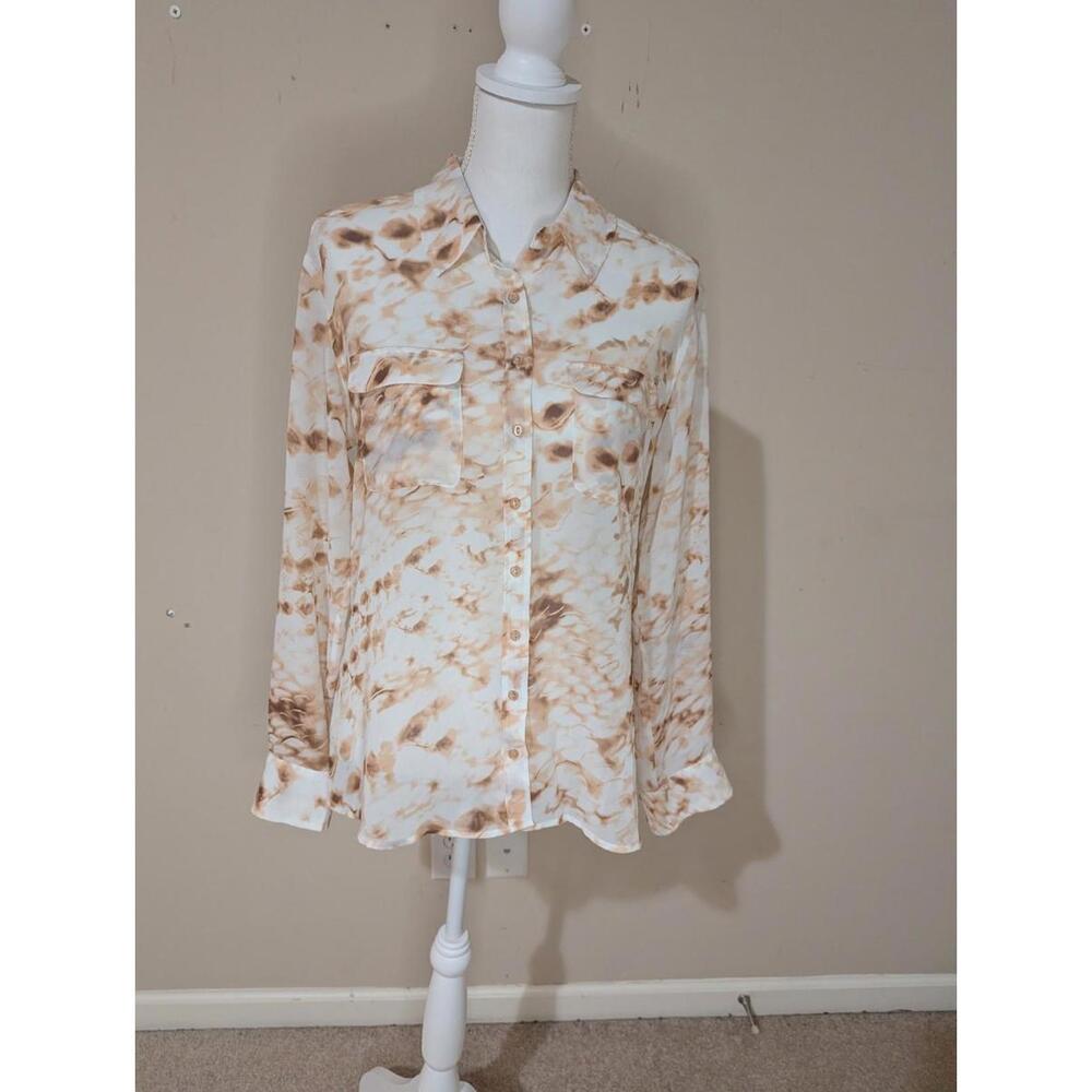 GUESS Women's Long Sleeve Sheer Blouse Size Medium Cream And Brown B